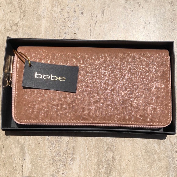 BEBE Rose Gold Sparkle Faux Leather Wristlet / Clutch / Wallet 8"x 4" - Picture 8 of 12